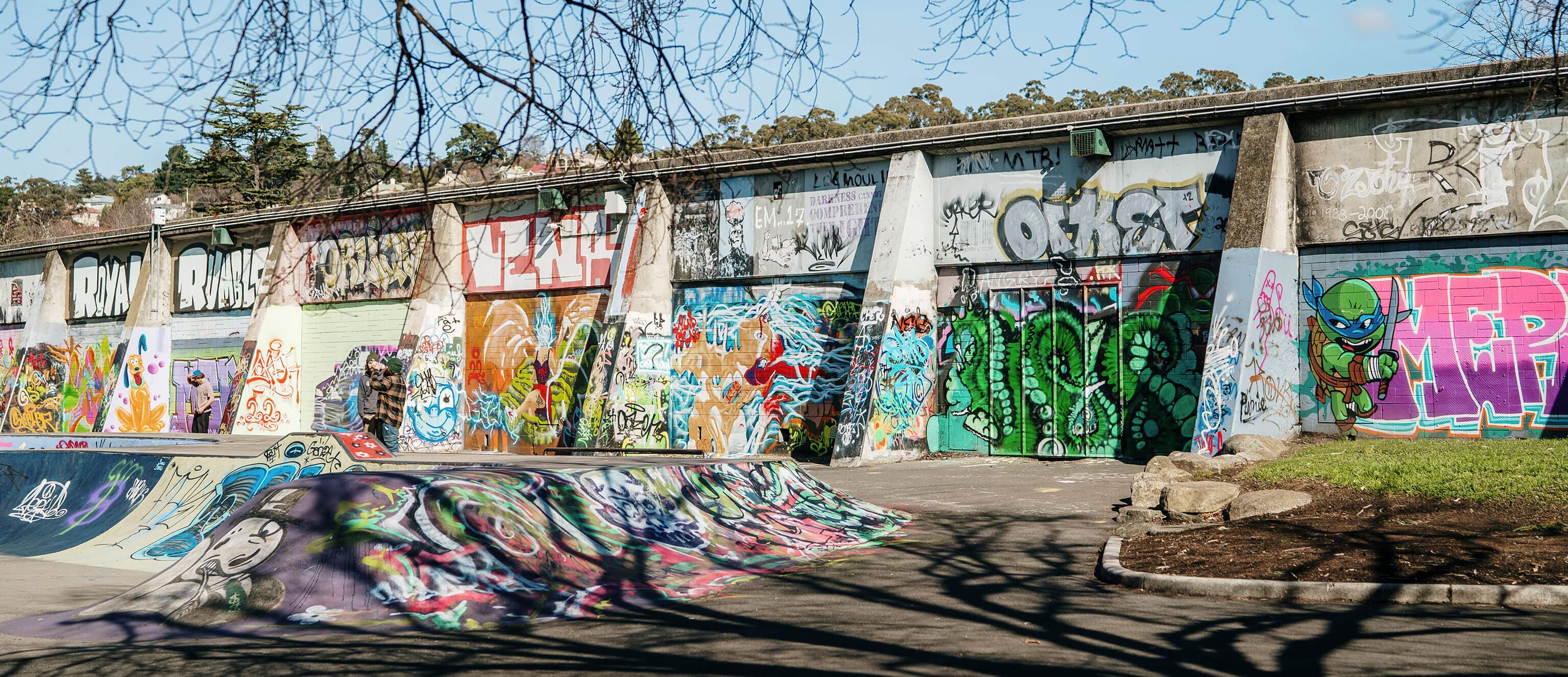 Graffiti murals and a skate bowl at Thoroughfare